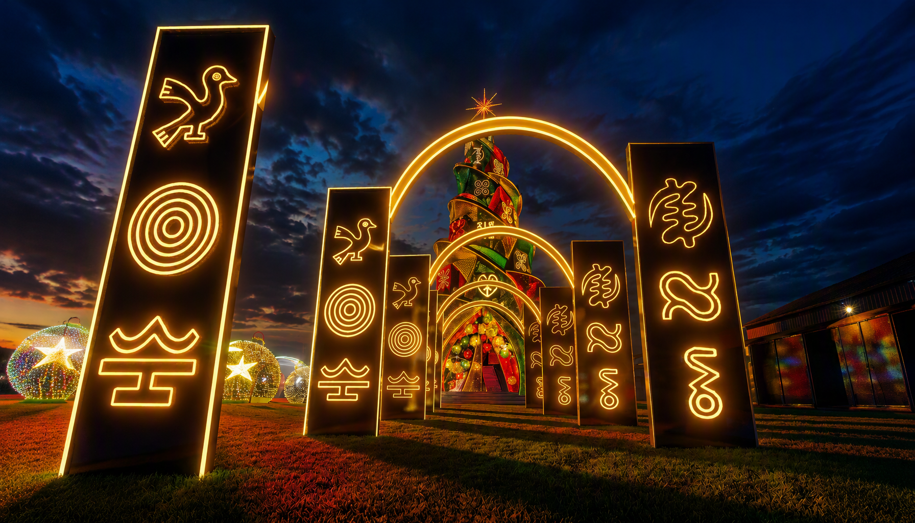 Adinkra symbol archways leading to the glowing central Christmas tree