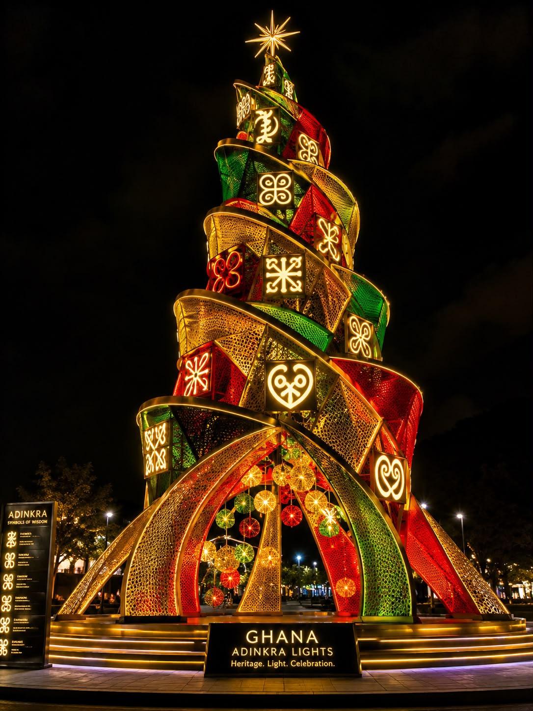 The Ghana Adinkra Lights Christmas tree glowing at night