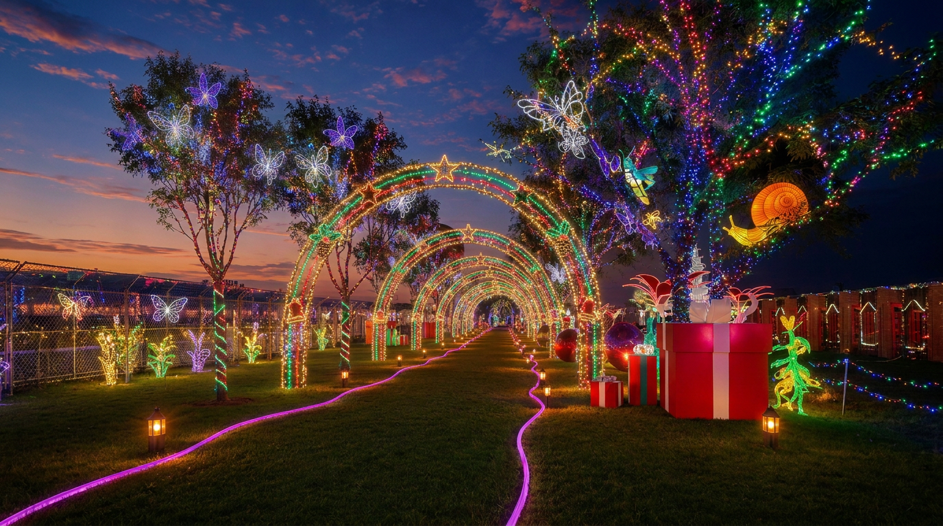 Illuminated light tunnel walkway with butterfly light sculptures