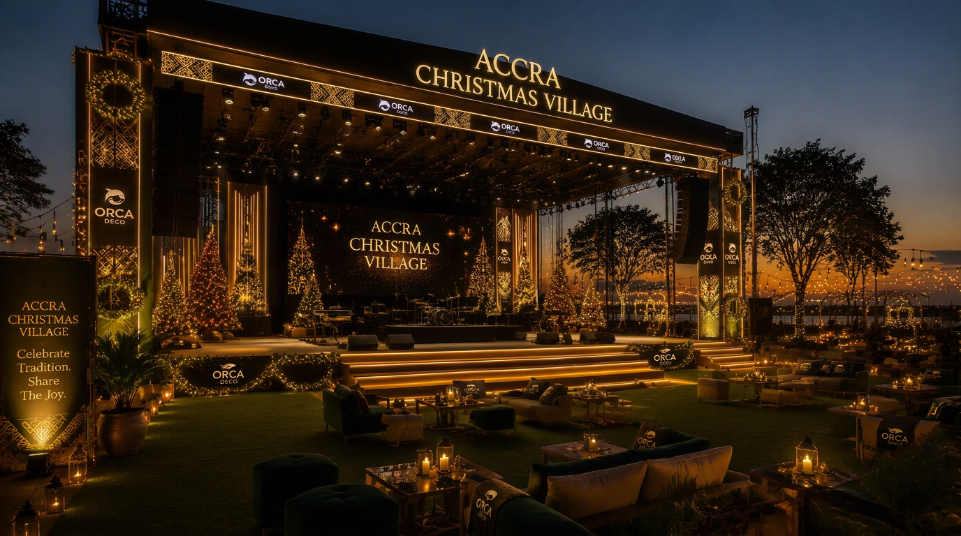 Accra Christmas Village main stage at dusk