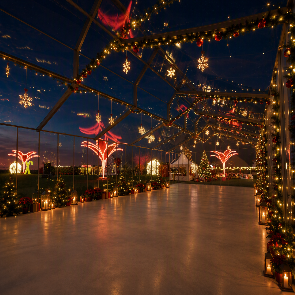 Glass marquee walkway strung with lights and snowflakes