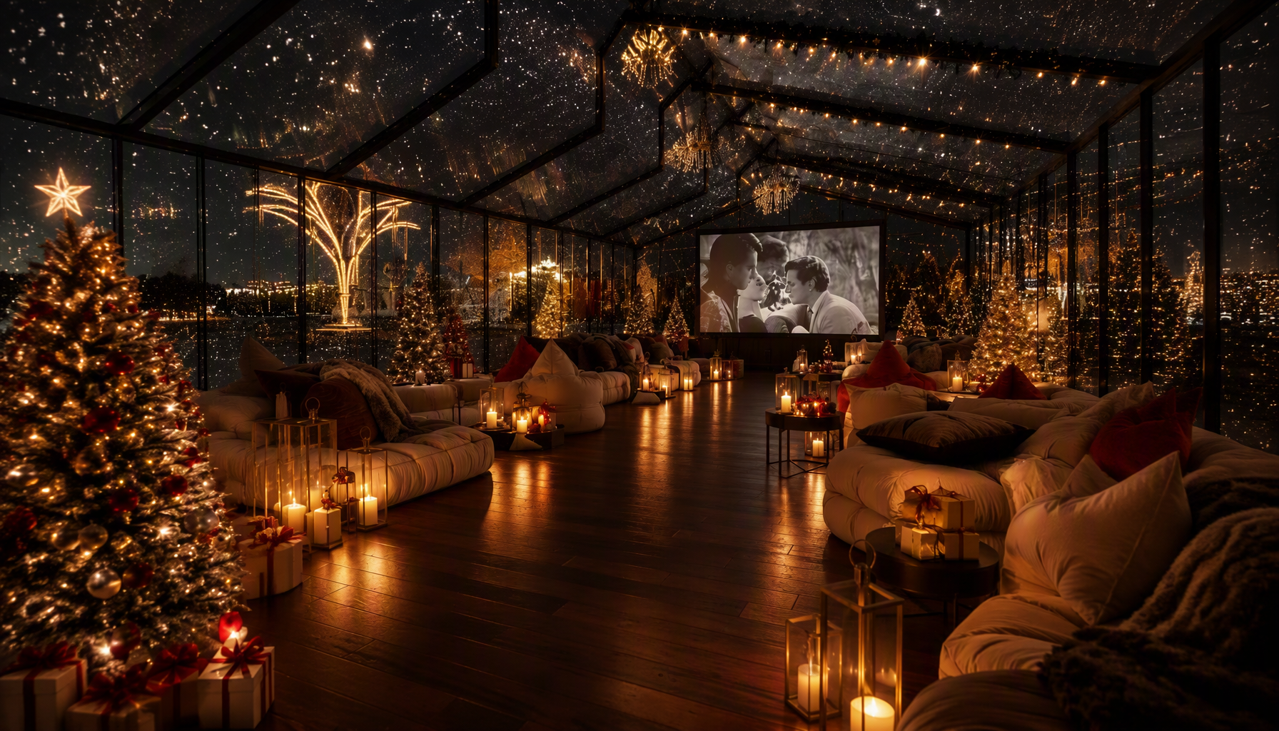 Outdoor Christmas cinema lounge under the stars