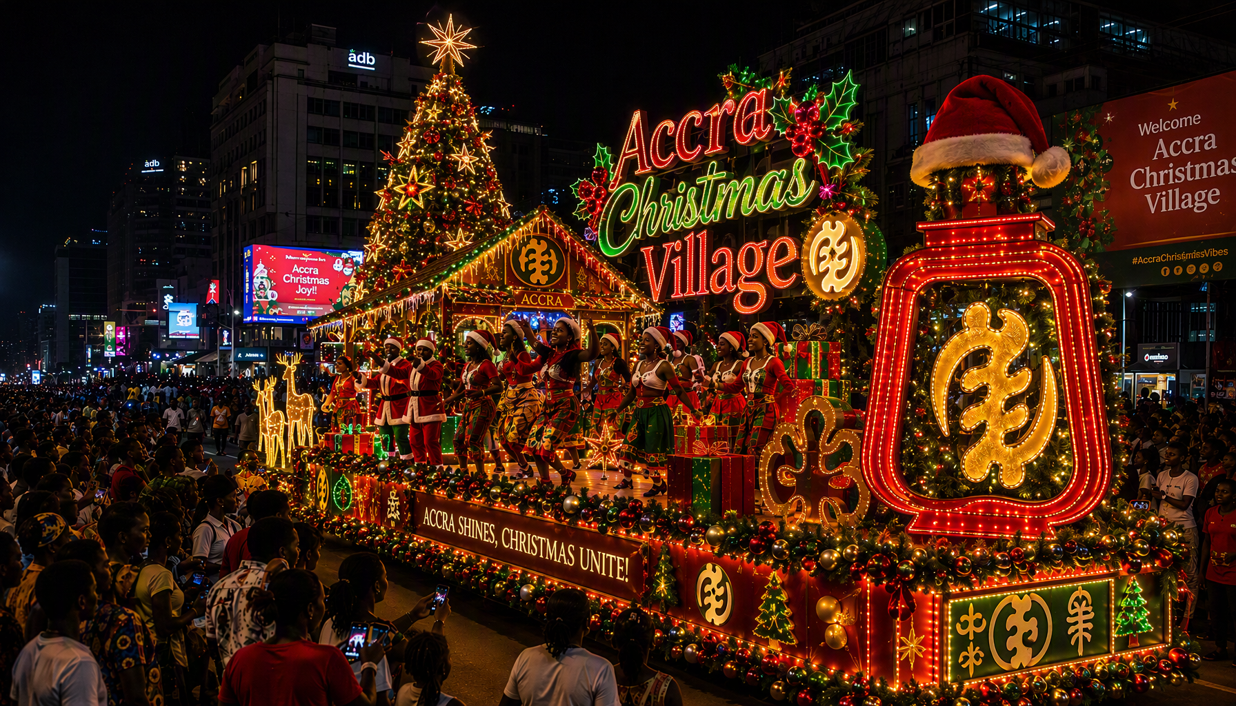 Accra Christmas Village parade float lit up at night
