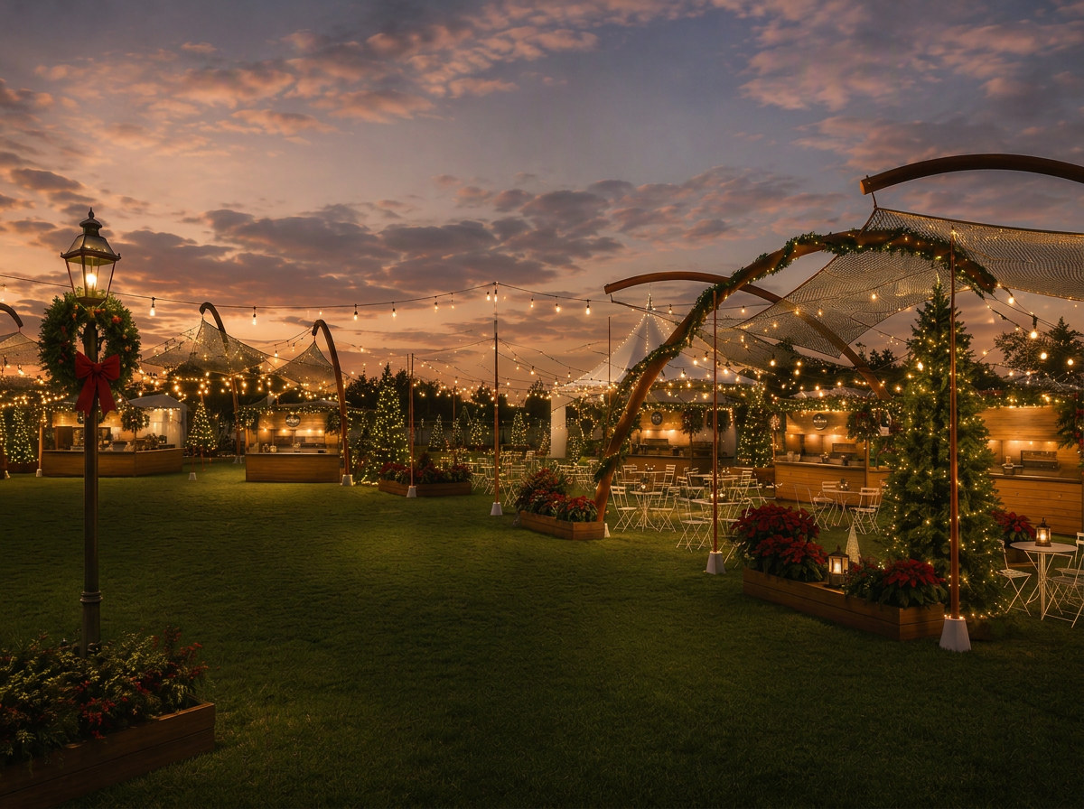 Aerial view of the Village food court at dusk