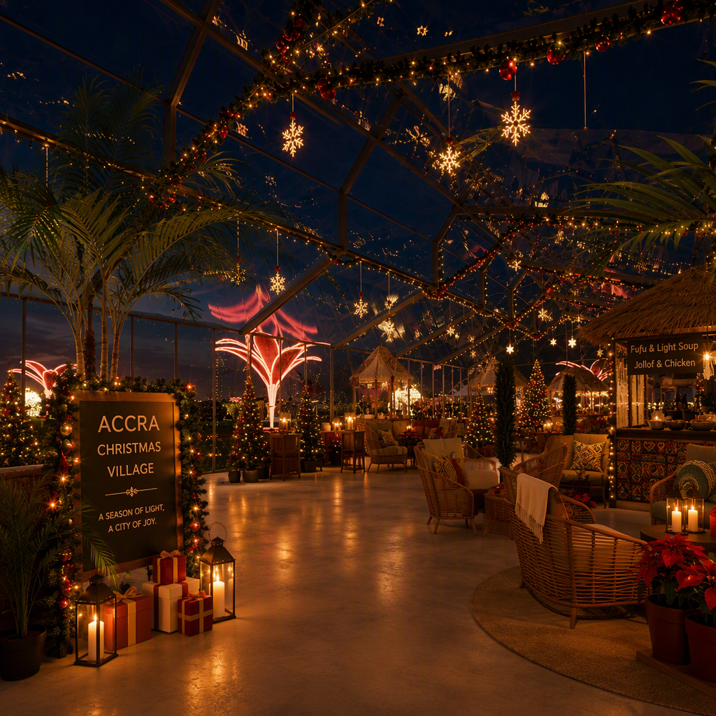 Marquee tent food court decorated for the holidays