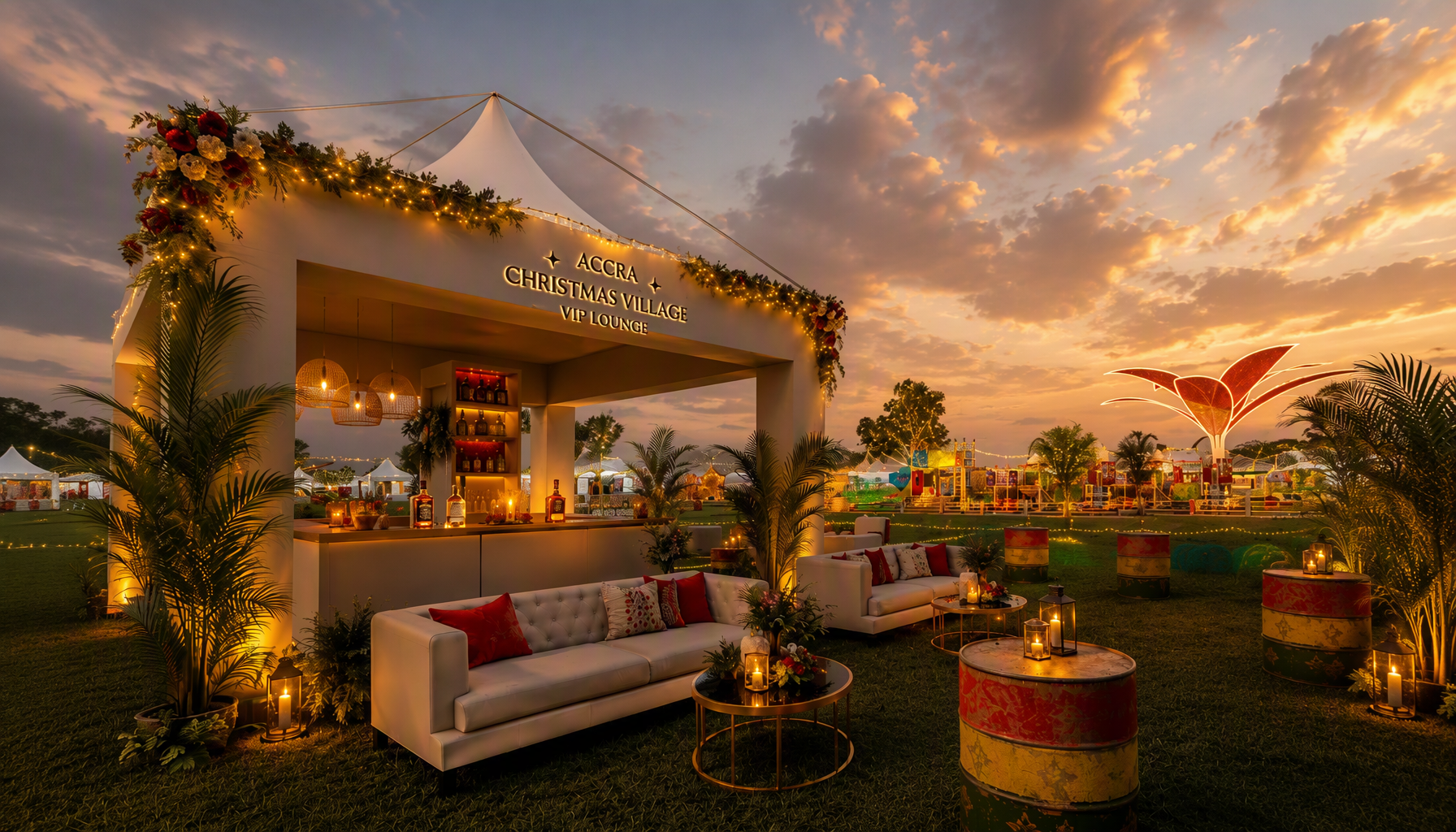 VIP lounge at Accra Christmas Village at dusk